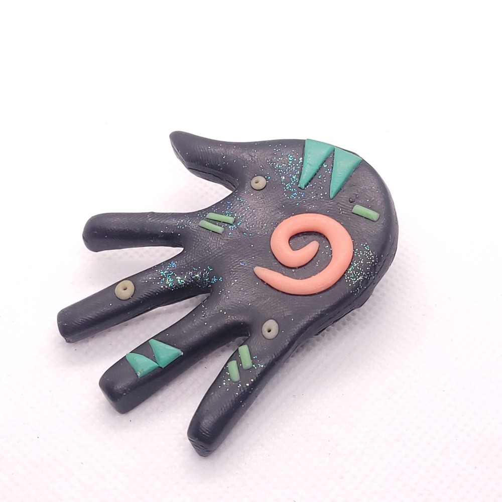 Hand Brooch Pin Abstract Gray Turquoise Coral Glitter Artisan Folk Art